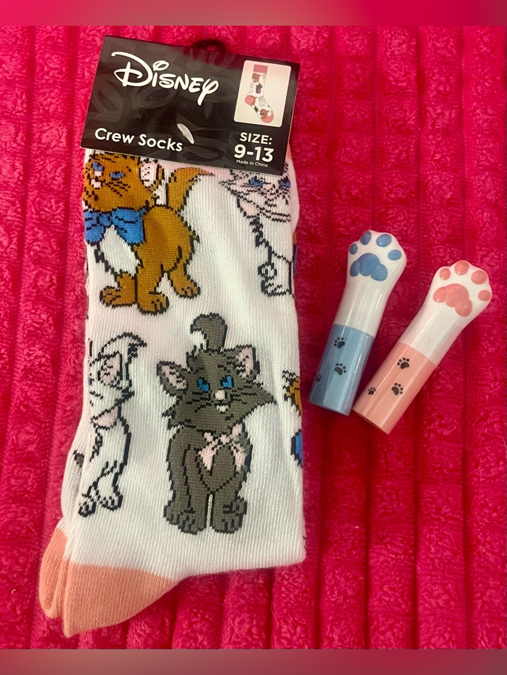 Disney White Crew Socks with Multicolor Cartoon Cats and 2 Lip Gloss Toes Set